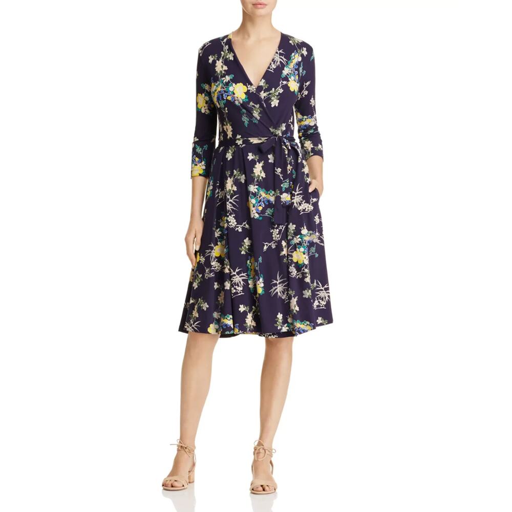 Weekend Max Mara Dacia Floral Print Wrap Dress 3/4 Sleeve Pockets Navy Knee S